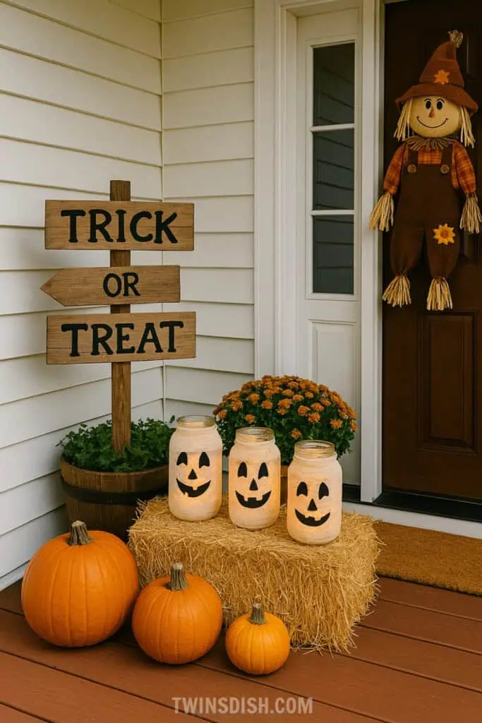 Easy DIY Fall Halloween Front Porch Decor Ideas lantern and Luminaries with haystack pumpkins and mums.
