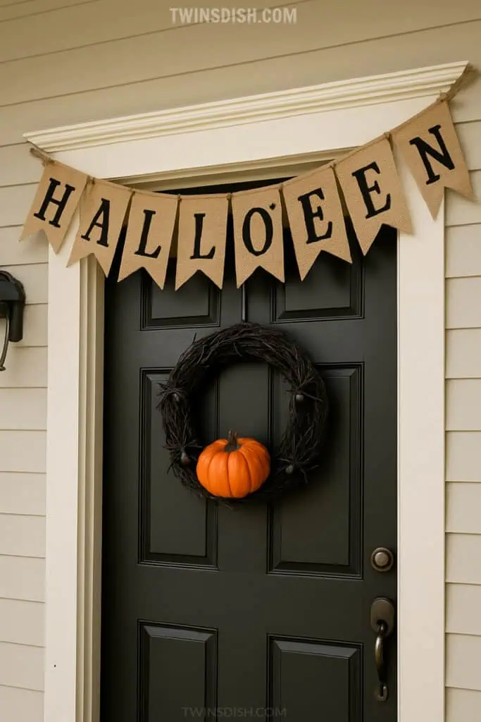 EASY DIY VONTAGE HALLOWEEN BURLAP BANNER SIGN FOR THE FRONT DOOR OR PORCH WITH VINTAGE PUMPKIN WITCHY WREATH WITH SPIDERS