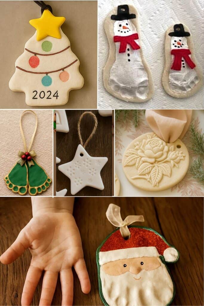 Collage of DIY salt dough Christmas ornaments including fingerprint trees, footprint snowmen, embossed rose designs, Santa handprints, and clay star crafts — perfect holiday keepsakes for kids and adults