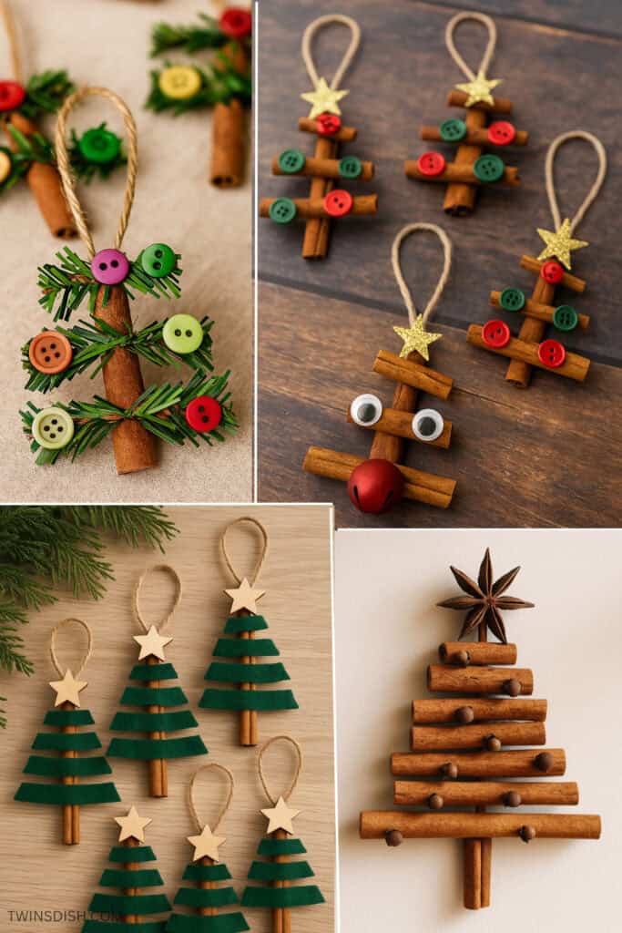 Collage of cinnamon stick Christmas ornaments including button trees, felt trees, googly-eyed reindeer, and star anise-topped rustic decorations — easy handmade DIY holiday crafts for kids and adults.