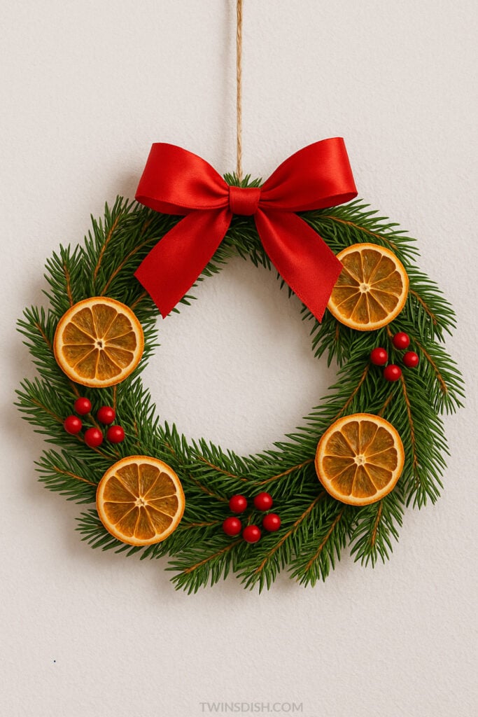 Natural Nordic Christmas DIY wreath with dried orange slices berries and ribbon.