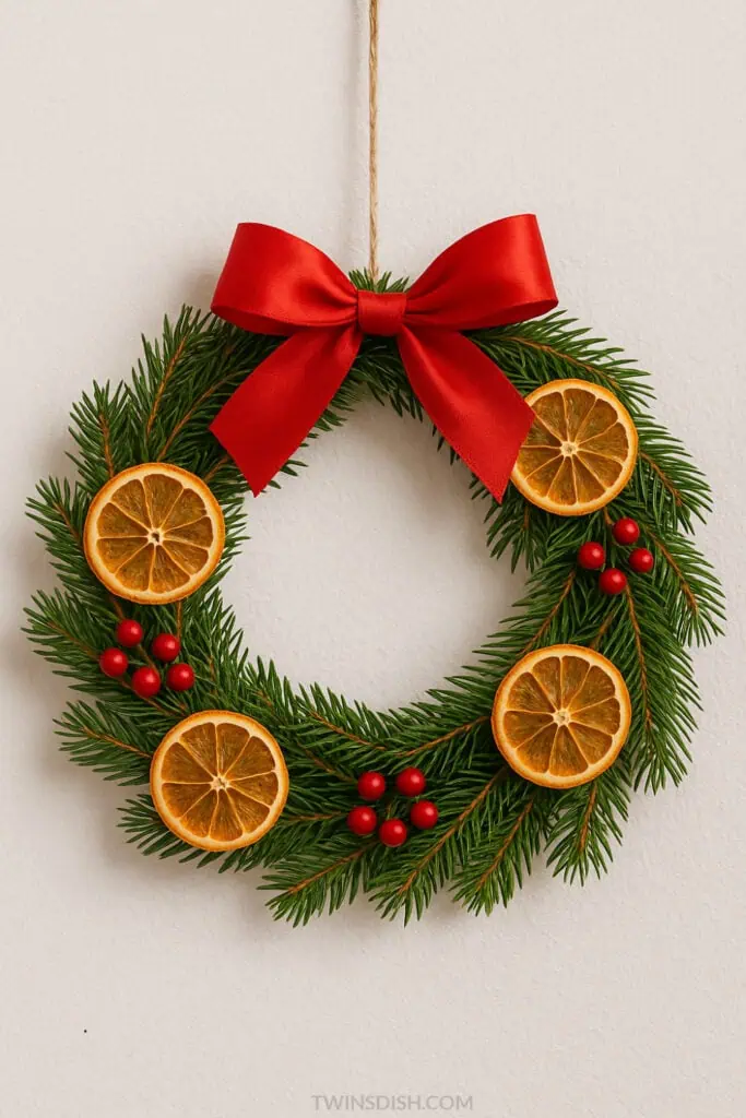 Natural Nordic Christmas DIY wreath with dried orange slices berries and ribbon.