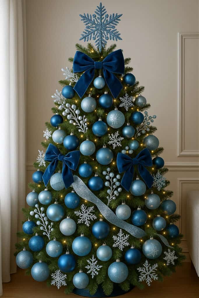 Frosted Velvet Blue Christmas tree idea with velvet boys ribbon and snowflakes