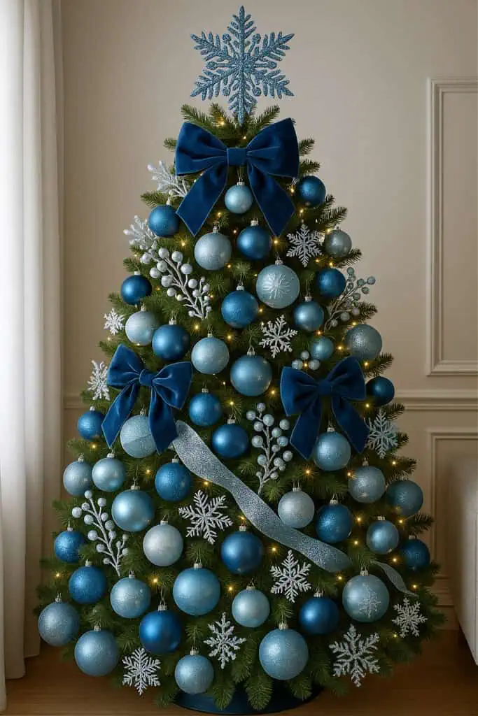Frosted Velvet Blue Christmas tree idea with velvet boys ribbon and snowflakes