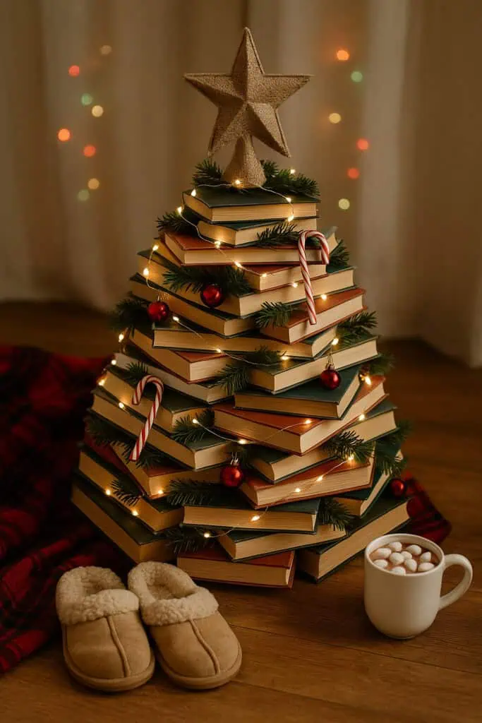 Unique Themed TableTop Christmas Tree Idea using books for a teacher or library or bookstore Vintage Cottage Core