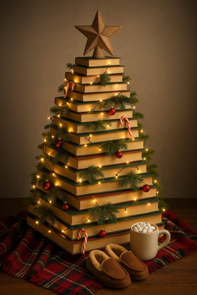 Unique Themed Christmas Tree Idea using books for a teacher or library or bookstore with lights, tree branches and ornaments