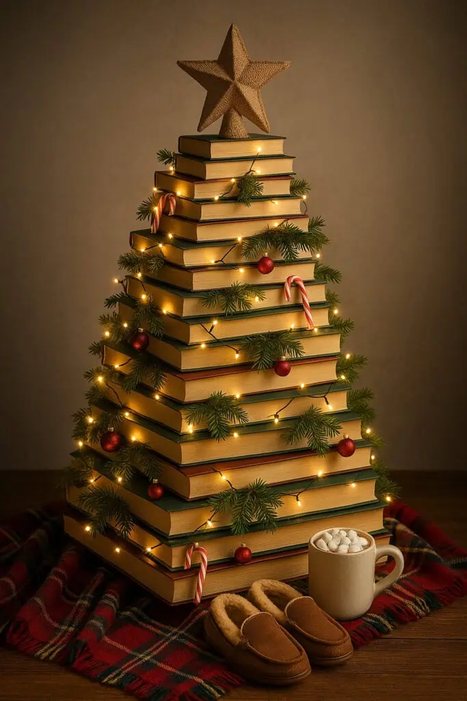 Unique Themed Christmas Tree Idea using books for a teacher or library or bookstore with lights, tree branches and ornaments 