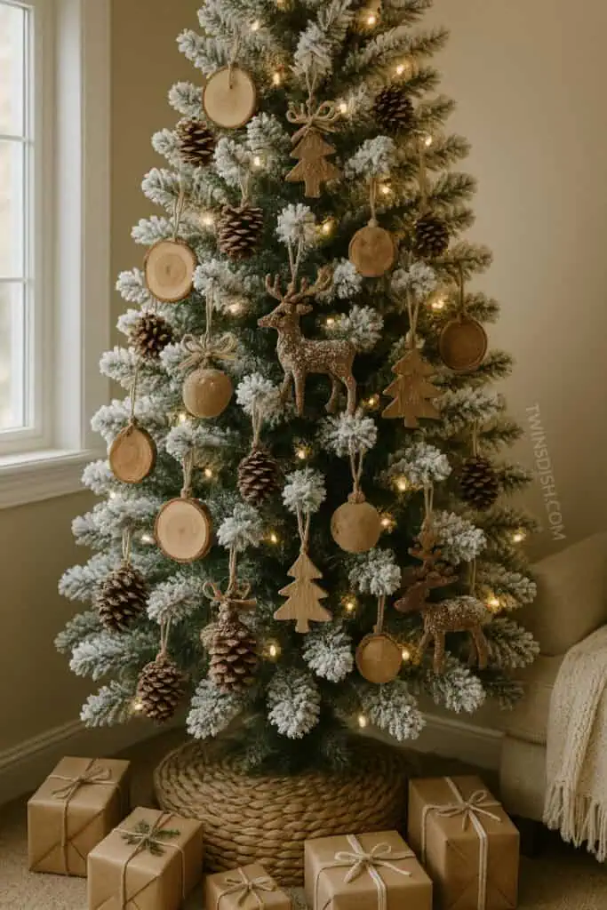 Rustic Natural Flocked Christmas Tree Idea using pinecones and wood slice ornaments