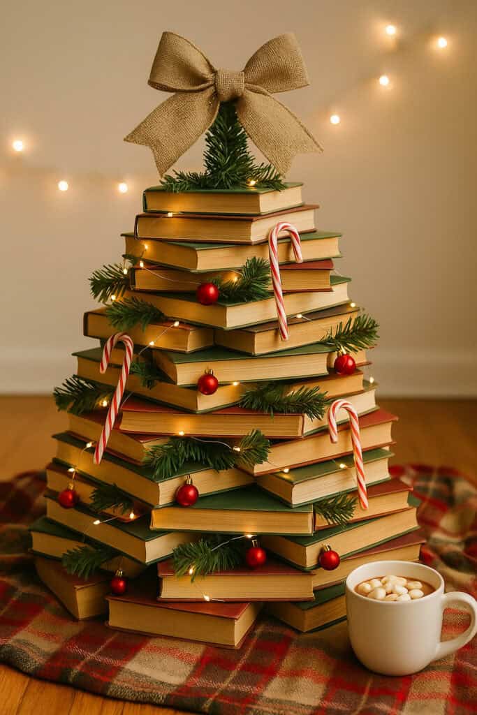 Unique Farmhouse Themed TableTop Christmas Tree Idea using books for a teacher or library or bookstore Vintage upcycle