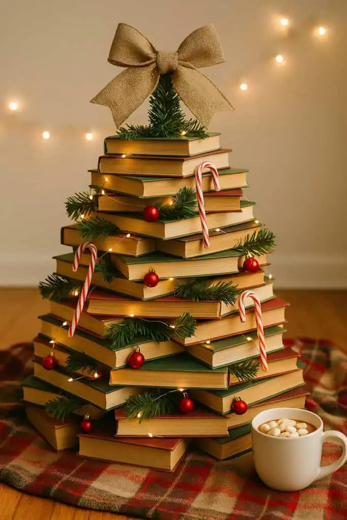 Unique Farmhouse Themed TableTop Christmas Tree Idea using books for a teacher or library or bookstore Vintage upcycle