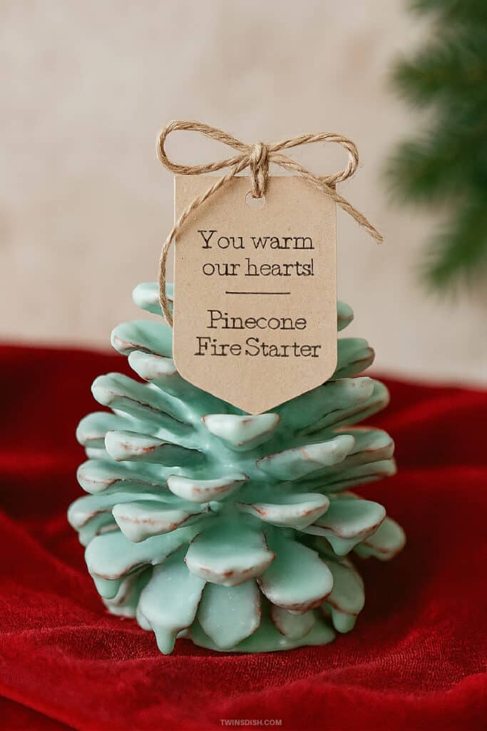 Wax Covered Pinecone fire starter Christmas Crafts with label for craft, diy Christmas gift, or December Wedding party favor.