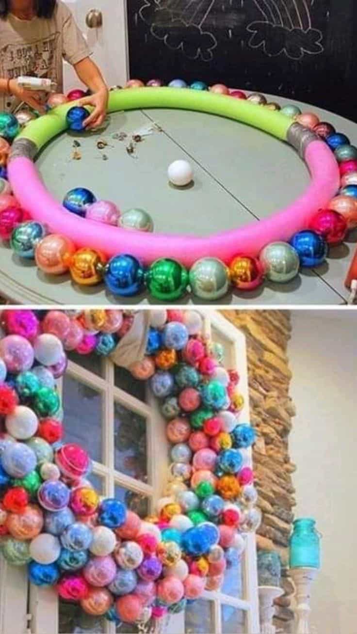 DIY Christmas Decor Wreath using Dollar Store pool noodle and Christmas ball ornaments
