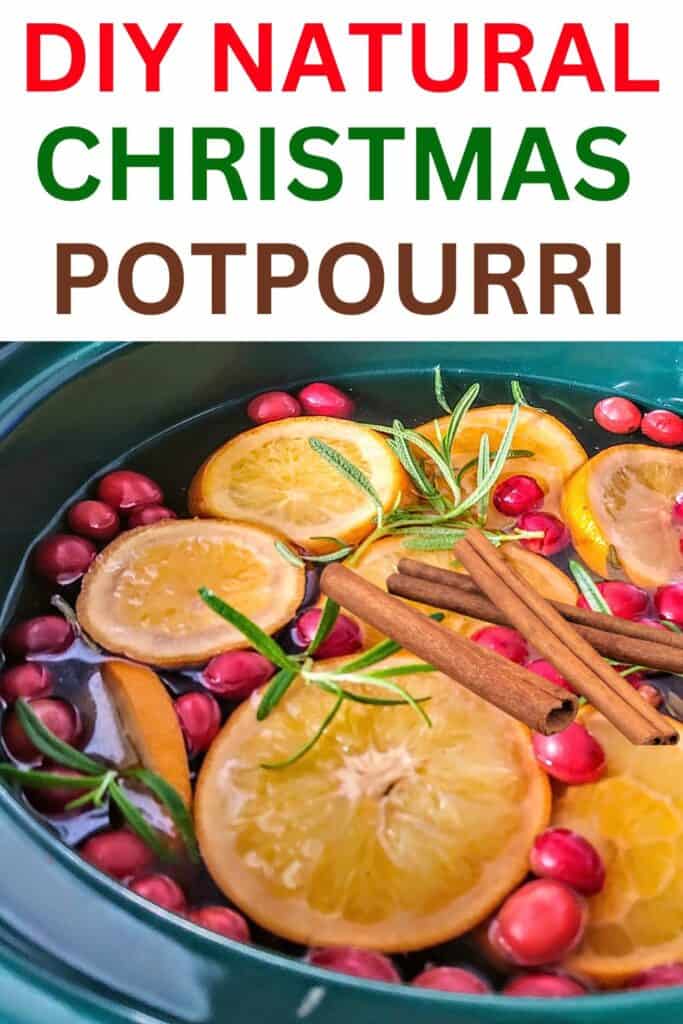 Natural DIY Christmas Potpourri made of orange slices, cranberries, rosemary, and cinnamon sticks in pot of boiling water