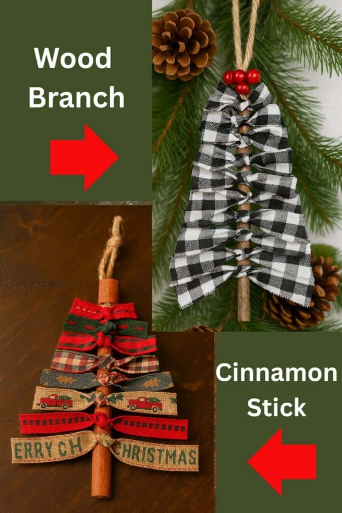 DIY Christmas ornaments: wood branch wrapped in black and white checkered fabric with red bead accents, and a cinnamon stick ornament with festive plaid and 'MERRY CHRISTMAS' ribbons, hanging on twine against a natural pine backdrop.