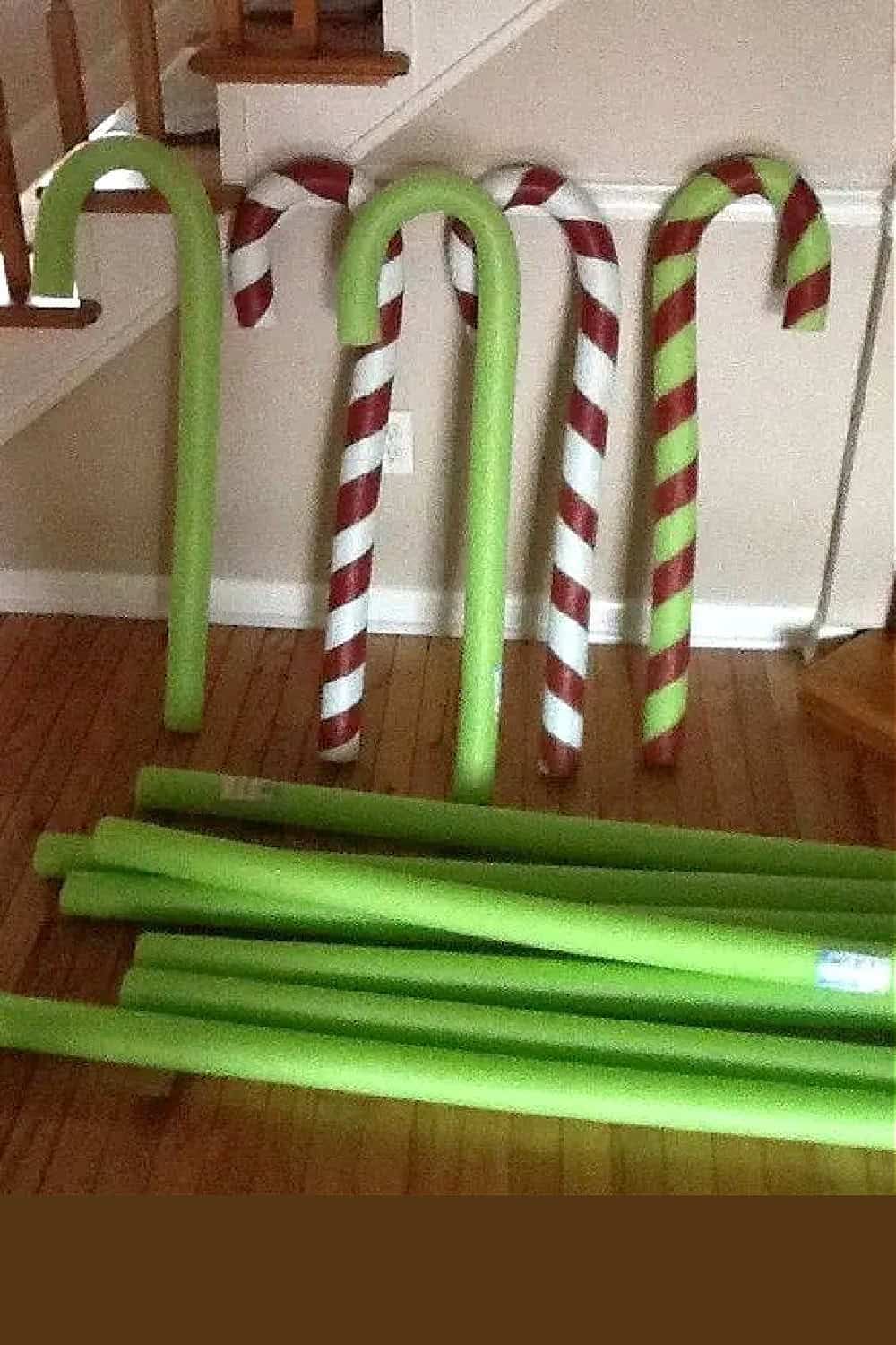 Diy pool noodle candy cane Christmas decorations in red and white and green and red