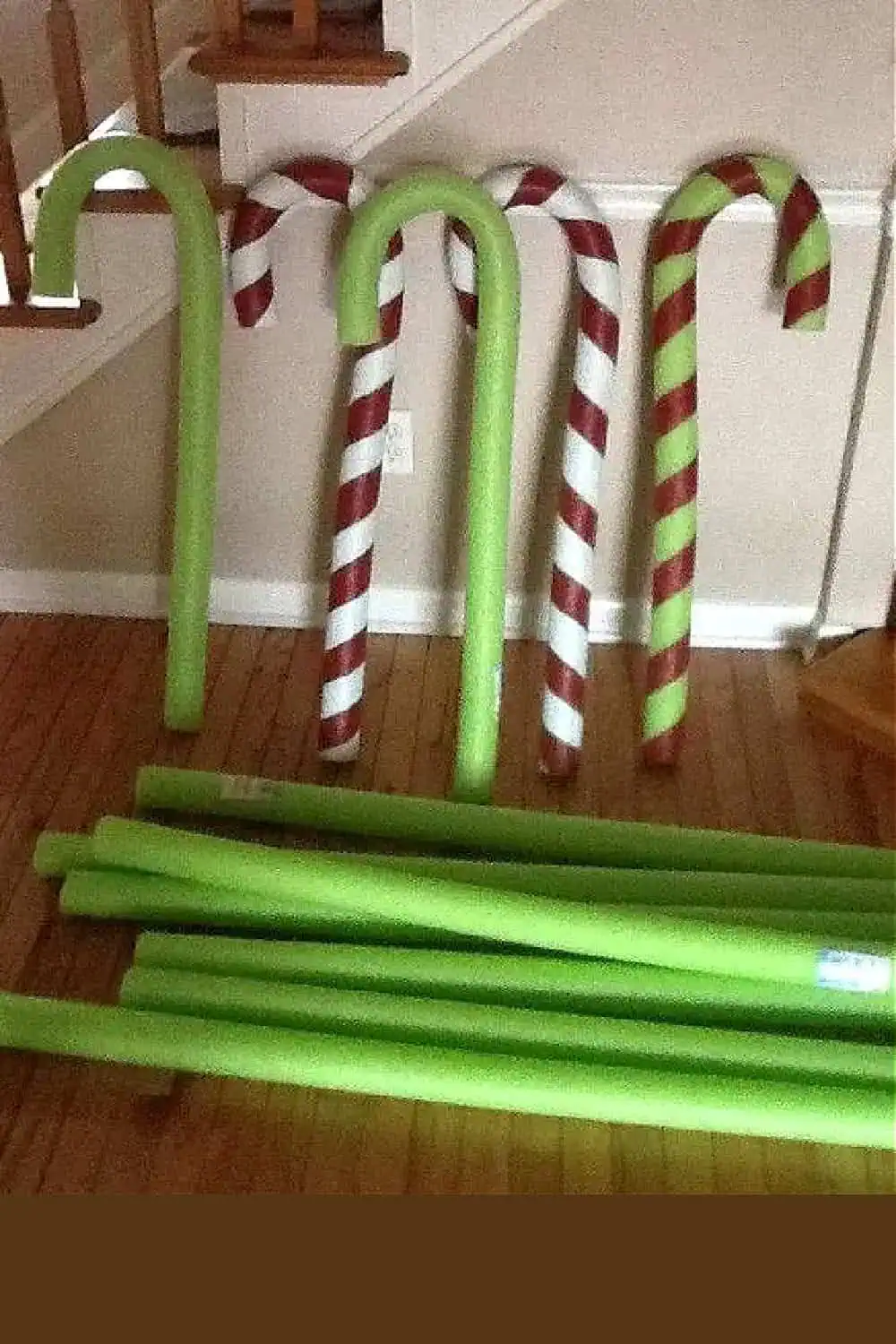 Diy pool noodle candy cane Christmas decorations in red and white and green and red