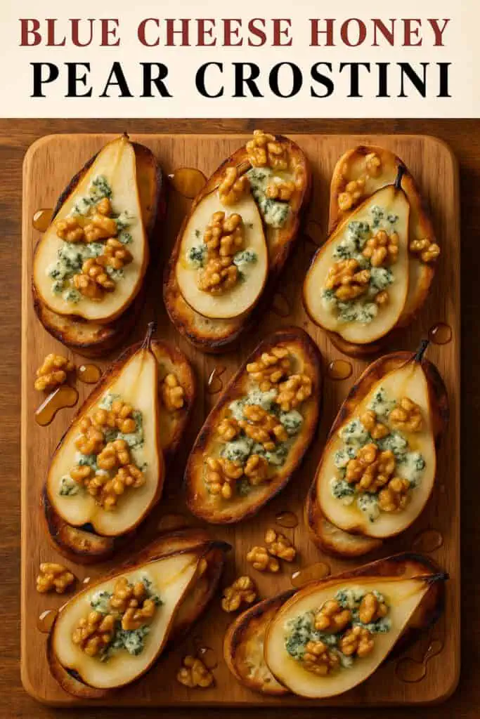 Pear crostini with blue cheese, walnuts, and honey—easy holiday appetizer idea.