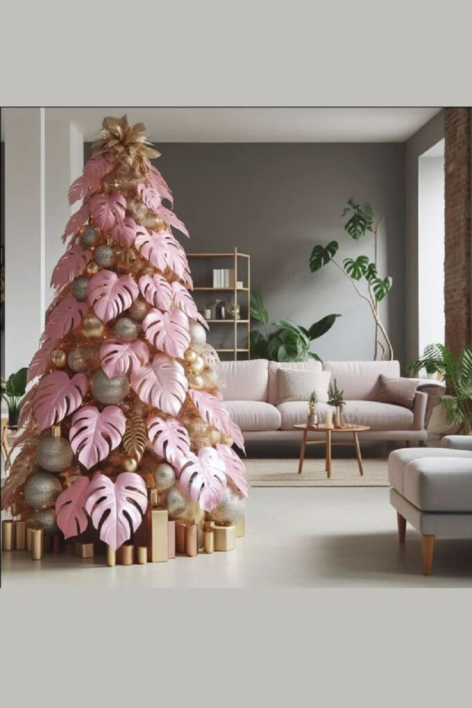 Pink palms and gold balls Christmas tree ideas