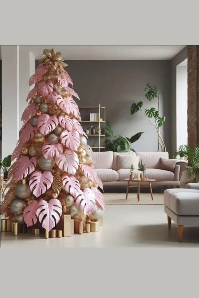 Pink palms and gold balls Christmas tree ideas