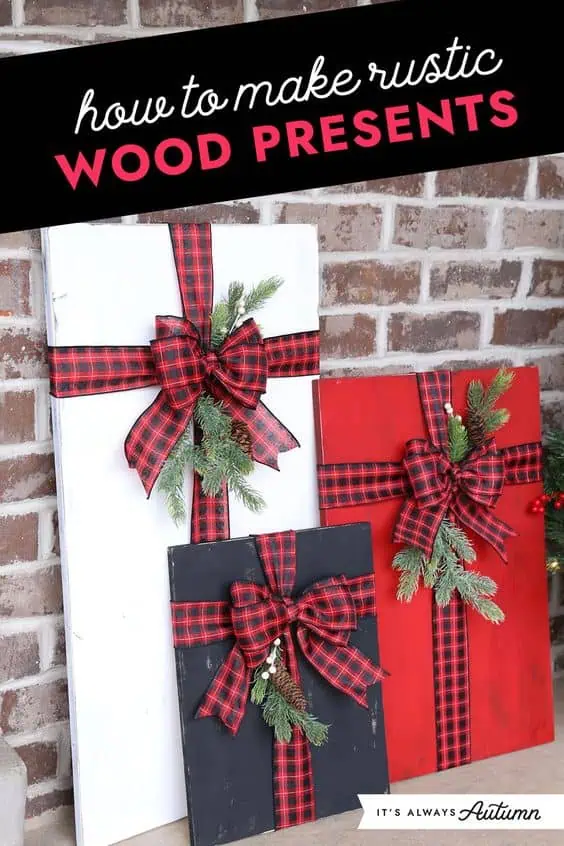 Rustic wood presents Diy Christmas decoration in white red and black wrapped in buffalo check ribbon and a sprig of holly.