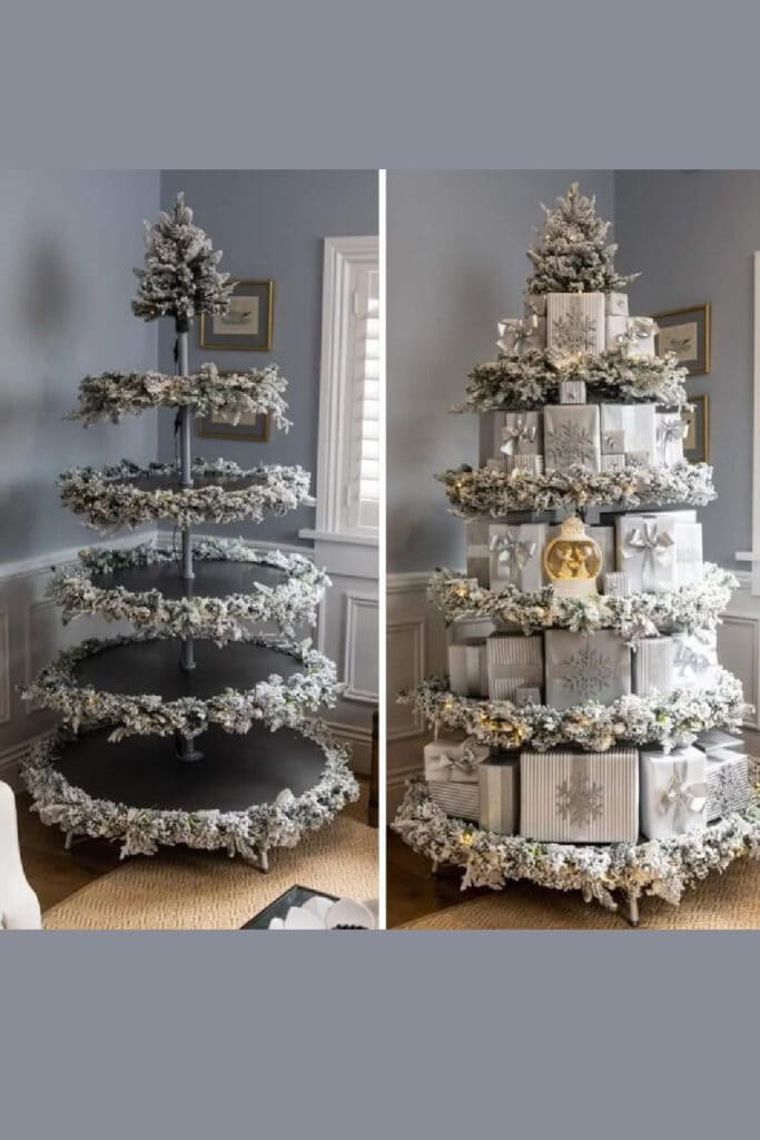 Unique 5 tier Christmas tree idea with gifts on every tier
