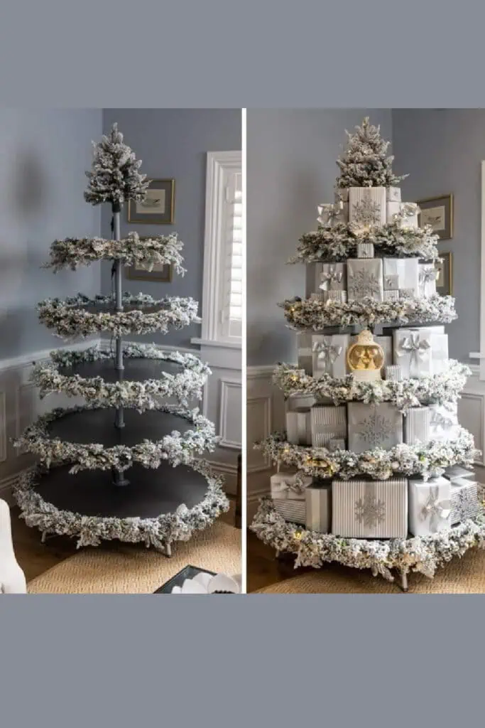 Unique 5 tier Christmas tree idea with gifts on every tier