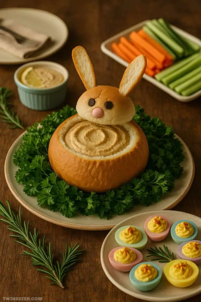 Easter appetizer spread with a bunny-shaped bread bowl filled with dip, surrounded by parsley, pastel deviled eggs, and veggie sticks—fun and easy Easter brunch or party food idea.