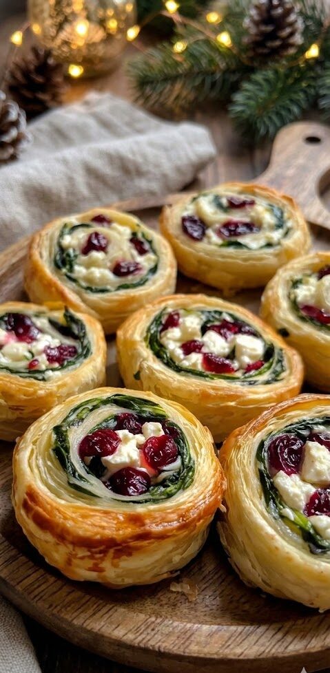 Flaky cranberry feta pinwheels made with puff pastry, cream cheese, spinach, and dried cranberries, served on a wooden board as a festive holiday appetizer.
