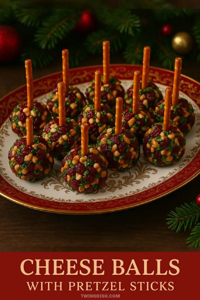 Mini holiday cheese balls with pretzel sticks served on a festive red and gold platter—easy Christmas appetizer idea for parties and holiday gatherings