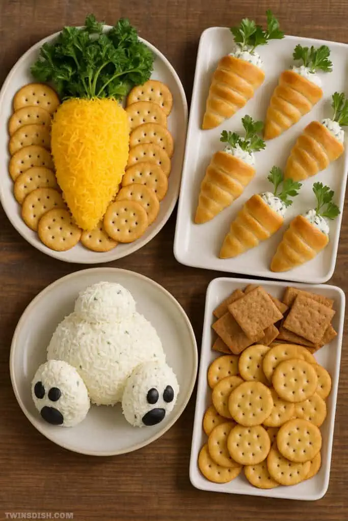 Easter appetizer platter with a carrot-shaped cheese ball, bunny butt cheese ball, crescent roll carrots filled with dip, and assorted crackers—fun and easy make-ahead ideas for Easter brunch or spring parties.