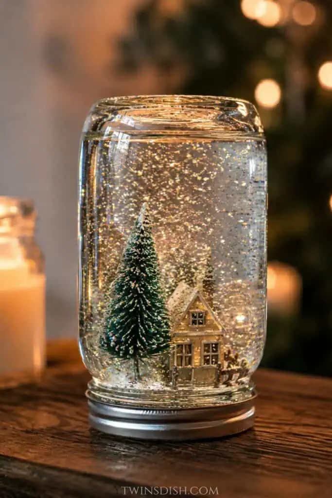 DIY mason jar snow globe filled with water and glitter, featuring a miniature Christmas tree and tiny winter cottage.