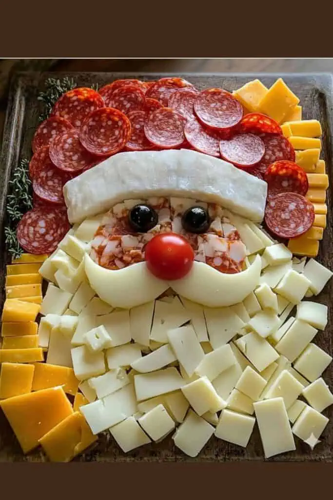 A festive Santa Claus charcuterie board made with pepperoni, mozzarella, cheddar, and provolone cheese arranged to look like Santa’s face — complete with a cherry tomato nose and olive eyes. The perfect holiday appetizer idea for Christmas parties and gatherings.