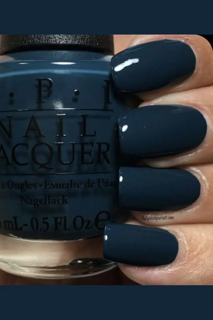 OPI dark teal blue nail polish on short square nails, glossy finish, perfect transition color for end of summer into early fall.