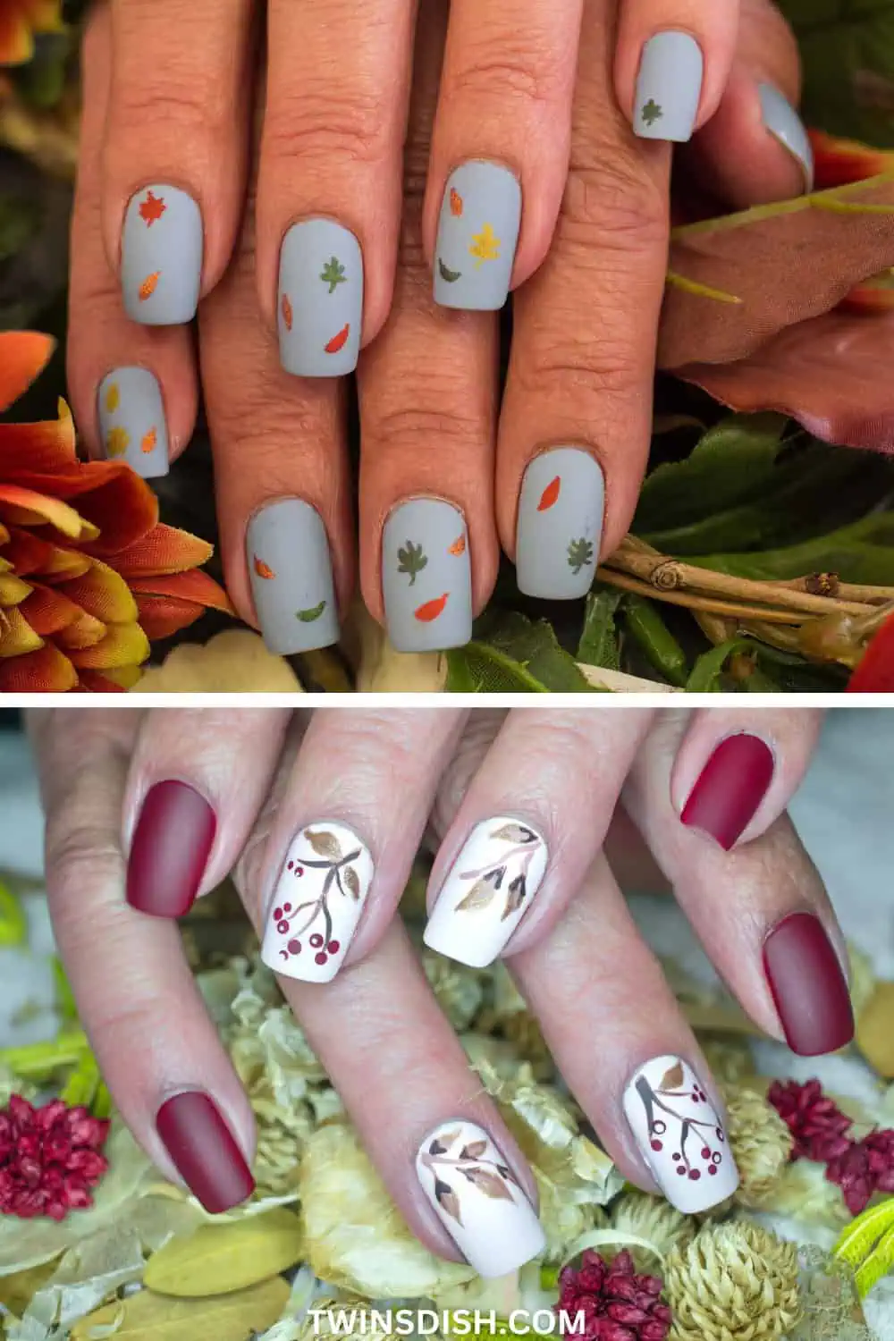 Two early fall nail ideas. Muted blue with green and orange leaf designs and dark cherry and winter white nails with berry and leaf designs