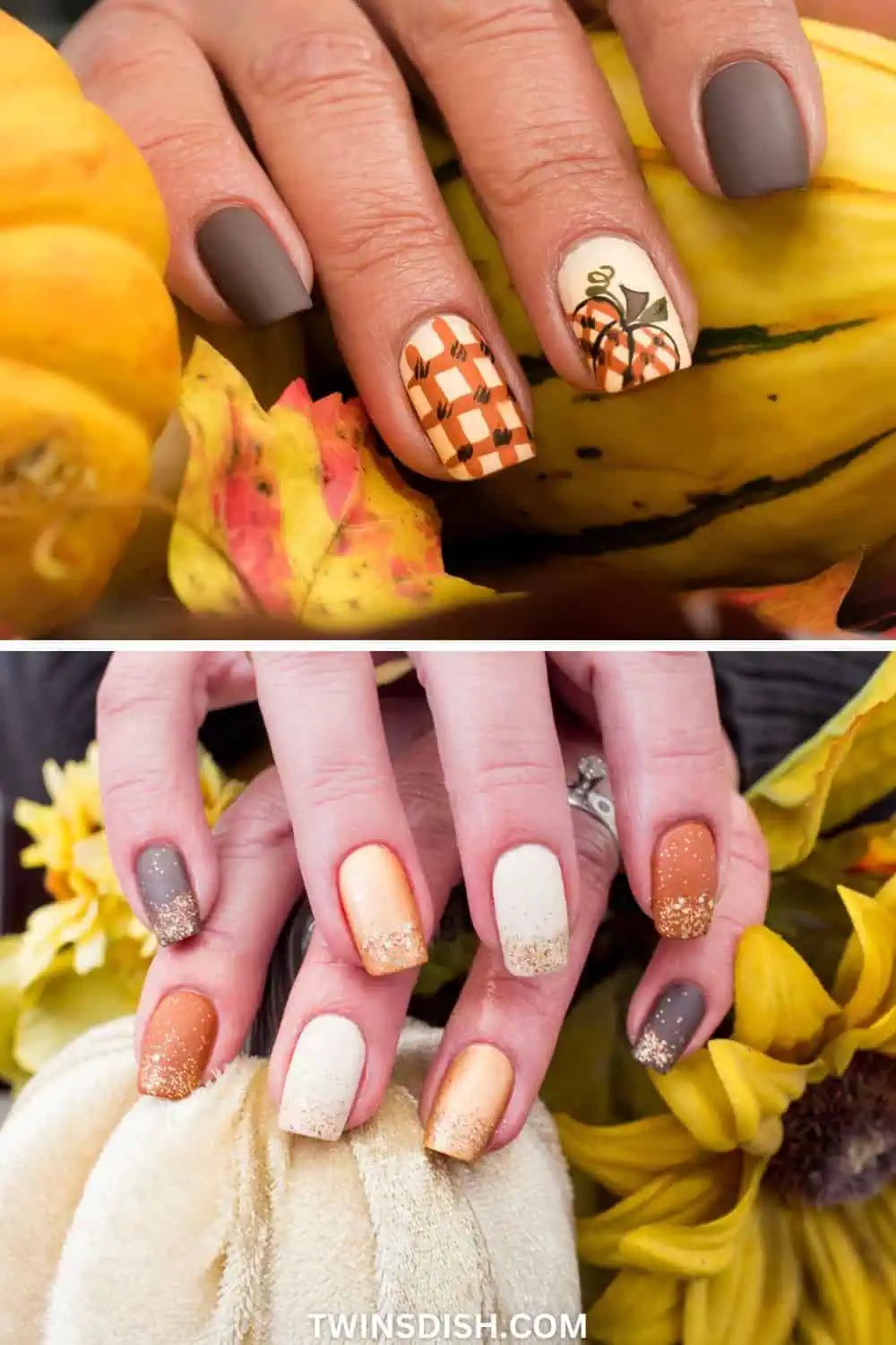 Two fall nail ideas with pumpkins and orange plaid and fall metallics with sparkle tips