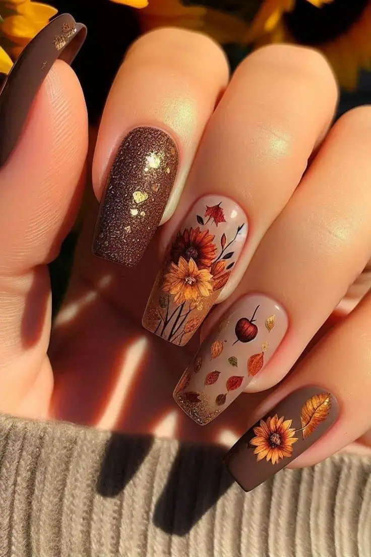 Fall nails in brown with flower details