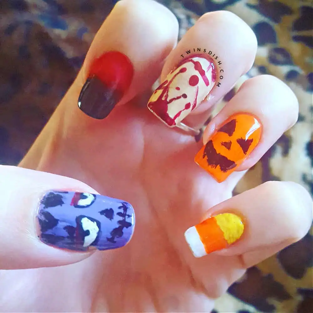 Halloween nail designs. Frankenstein, black and red, blood splatter, pumpkin, candy corn