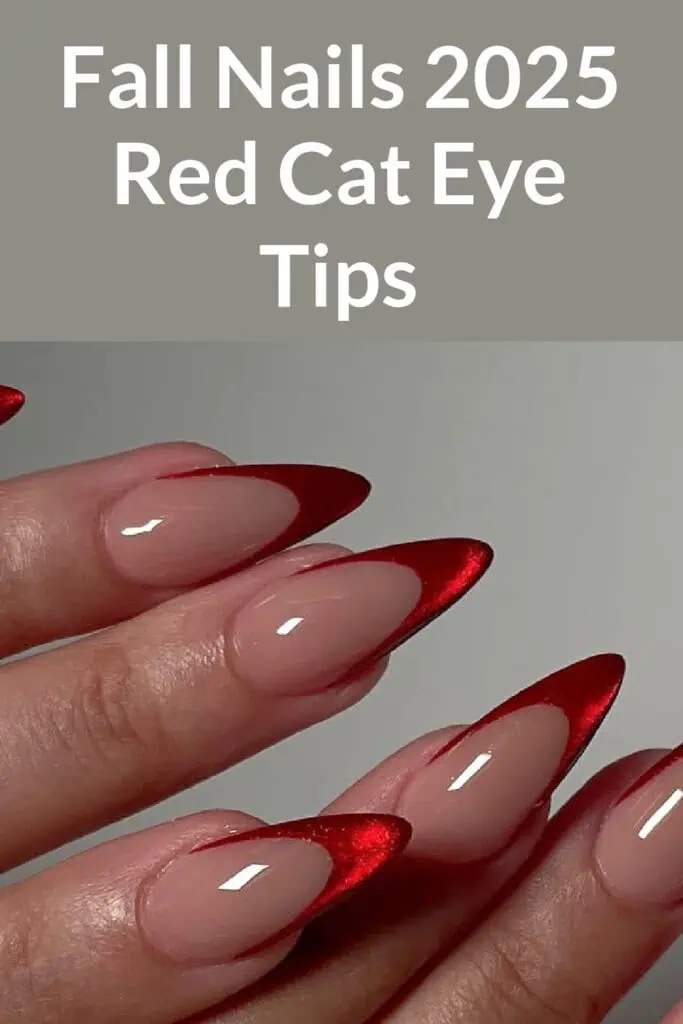 Glossy almond-shaped nails featuring bold red cat eye French tips, perfect for Fall 2025 nail trends and holiday-ready glam.