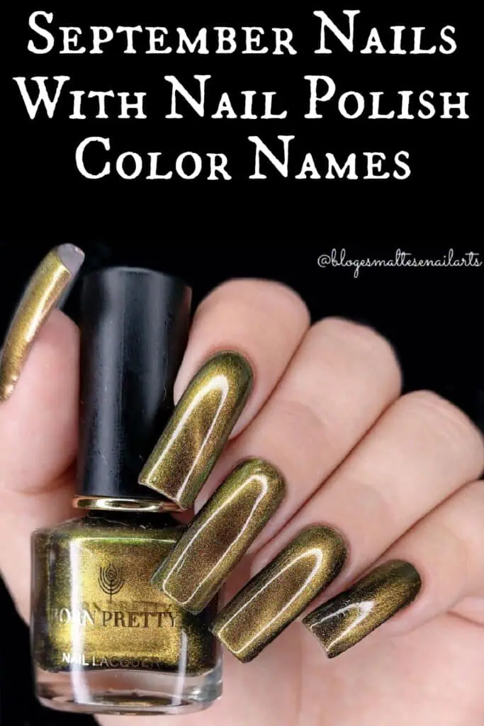 Close-up of September nail design featuring long coffin-shaped nails painted with metallic olive green and gold chrome nail polish by Born Pretty. Perfect fall nail idea with nail polish color name inspiration for trendy September manicures.