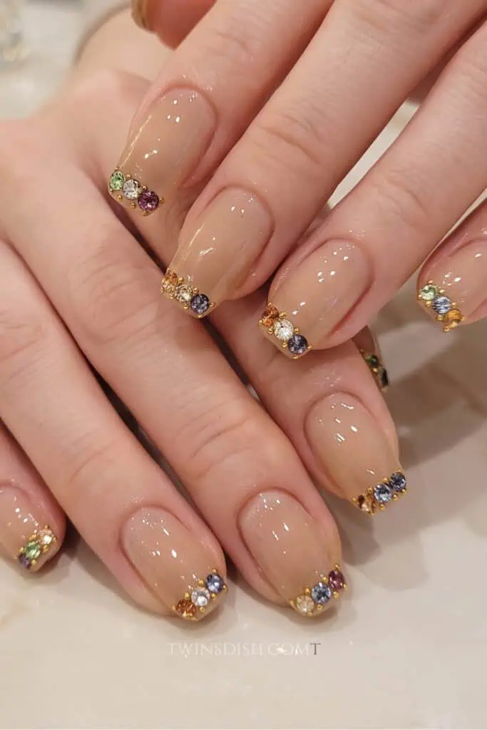 Nude end-of-summer fall nails with colorful gemstone French tips in green, gold, purple, blue, and pink.