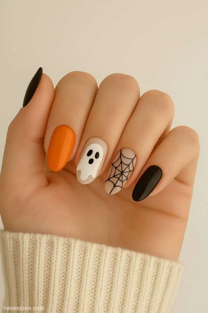 Halloween fall nails with ghost and spiderweb designs in black and orange on almond-shaped nails.