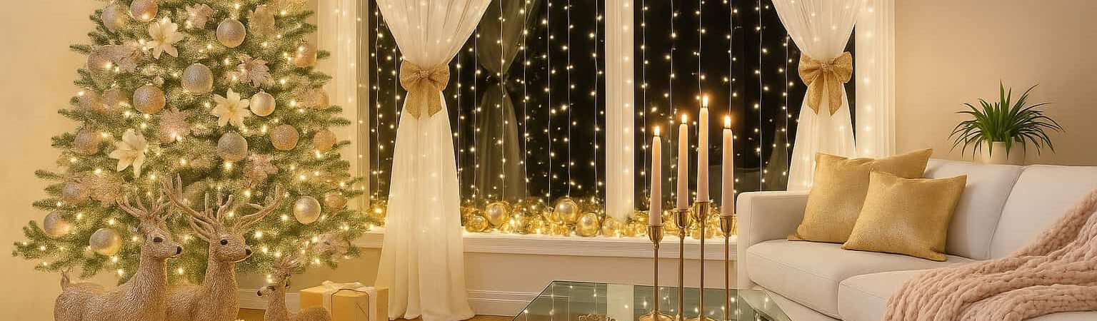 Elegant Christmas living room decor with white and gold accents, featuring a lit Christmas tree, sheer curtains with twinkle lights, modern glass coffee table, gold candle holders, and reindeer figurines — perfect holiday inspiration for influencers and stylish decorators