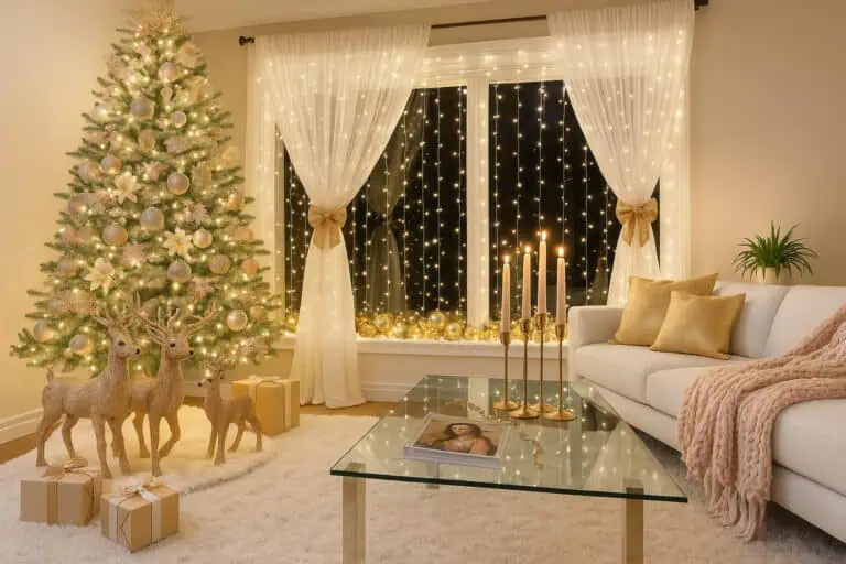 Elegant Christmas living room decor with white and gold accents, featuring a lit Christmas tree, sheer curtains with twinkle lights, modern glass coffee table, gold candle holders, and reindeer figurines — perfect holiday inspiration for influencers and stylish decorators