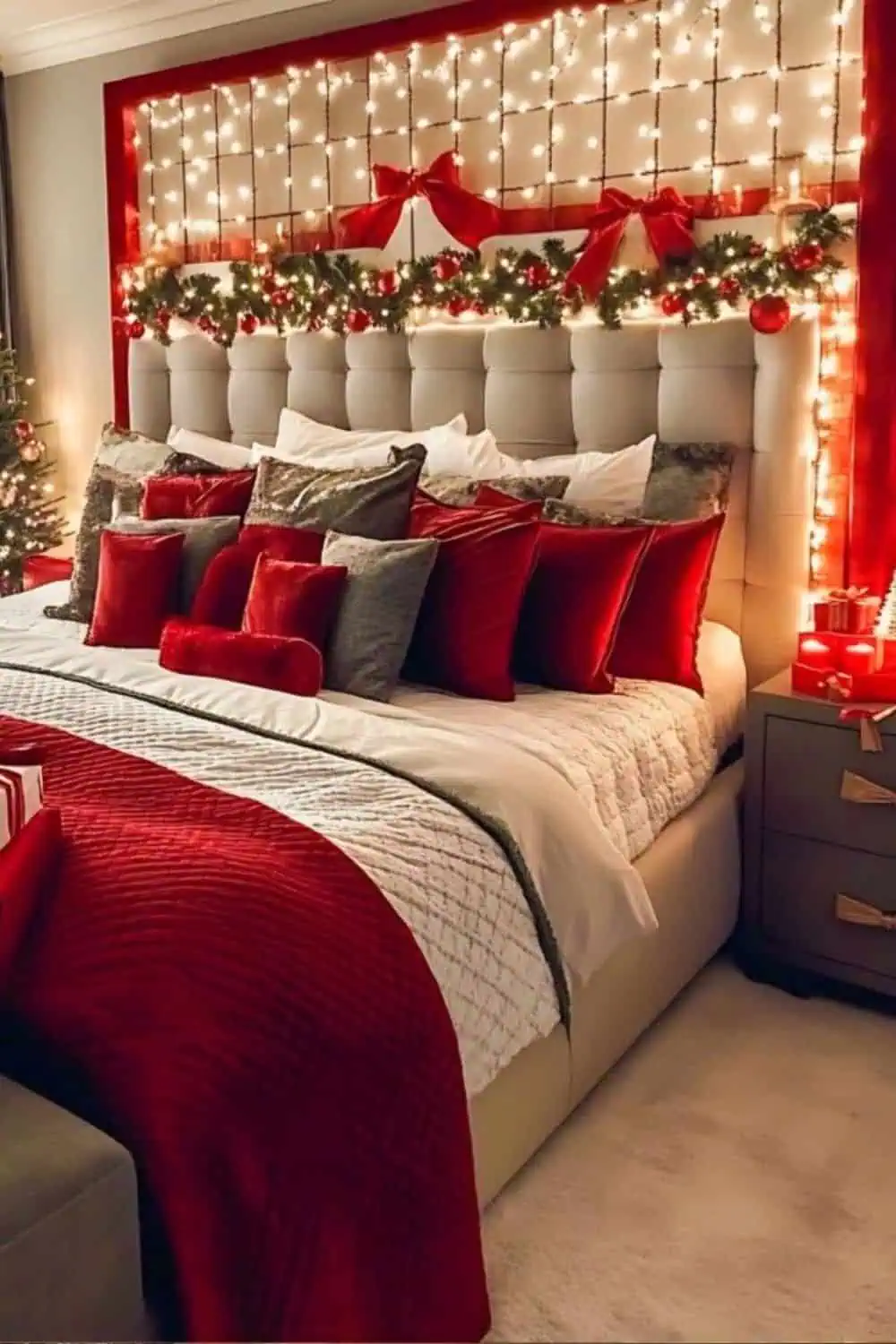 Christmas-themed bedroom with a tufted headboard framed by curtain string lights, festive red bows, and garland, accented with red velvet pillows and cozy bedding.