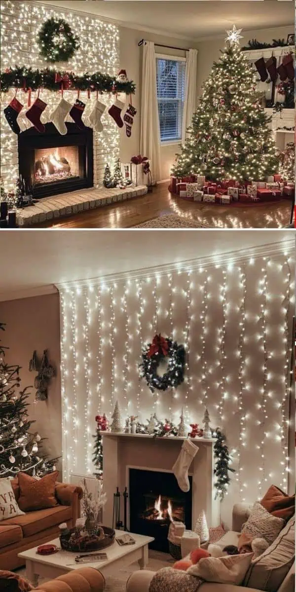 Christmas living rooms with cozy fairy lights and glowing fireplaces—perfect lighting ideas for content creators and festive photo ops.