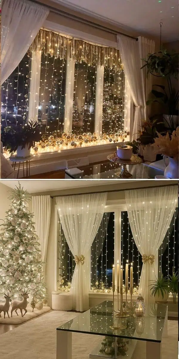 Glamorous living room Christmas decor featuring sheer curtains with cascading warm fairy lights and ornaments across the window, creating a cozy and influencer-worthy holiday look.