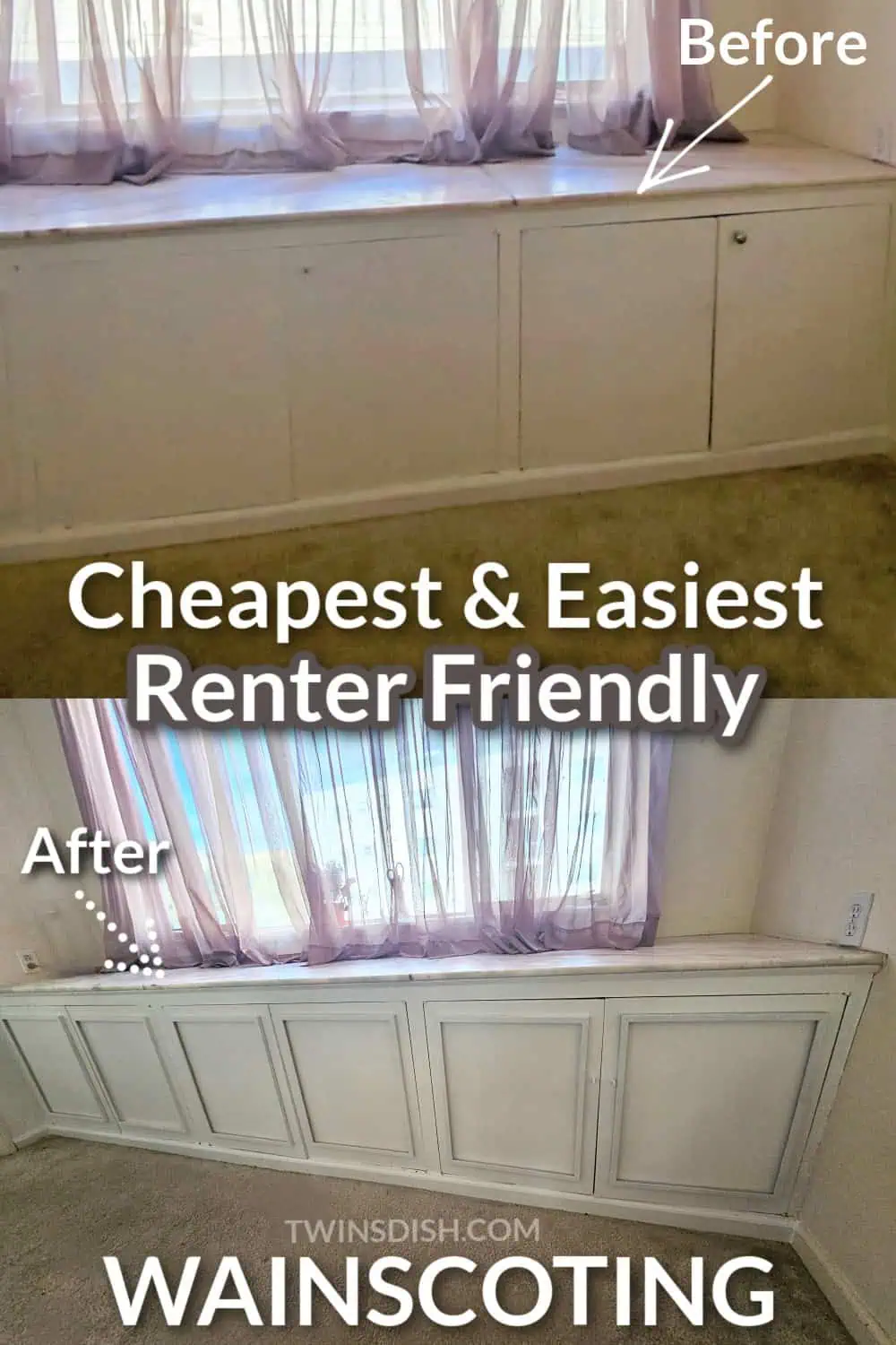 Diy Renter friendly wainscoting on white cabinets, before and after 