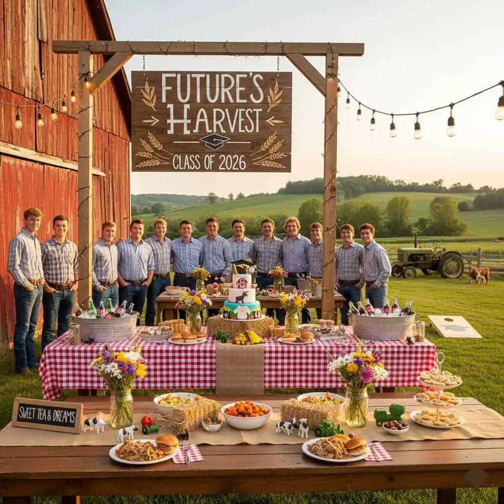 Farm boy graduation party with rustic barn backdrop, Future’s Harvest Class of 2026 sign, outdoor country buffet table, red gingham tablecloth, and group of boys celebrating on a farm