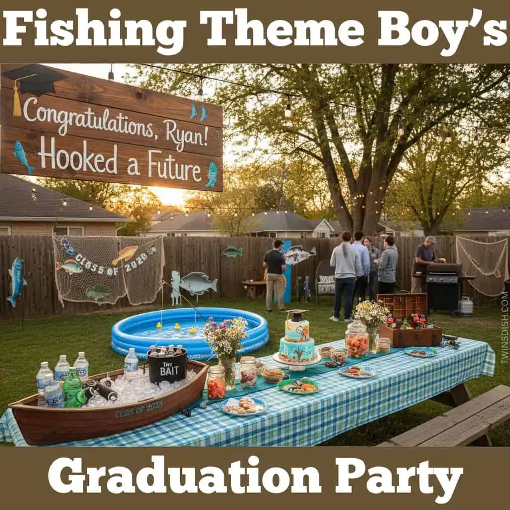 Fishing themed boys graduation party in a backyard with rustic decor, Hooked a Future sign, fishing nets, snack table, cake, and outdoor Class of 2026 celebration