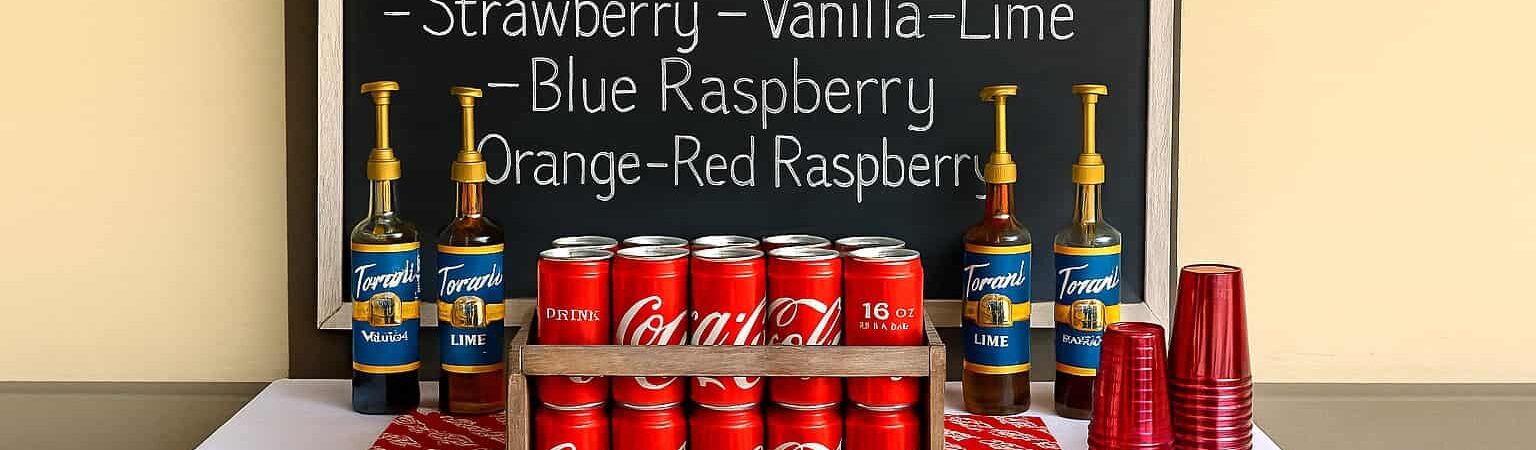 Outdoor boys’ graduation party soda bar with Coca-Cola crate, chalkboard sign, red cups, and classic drink syrups – fun and budget-friendly DIY party idea for High School, and College Grad guys.